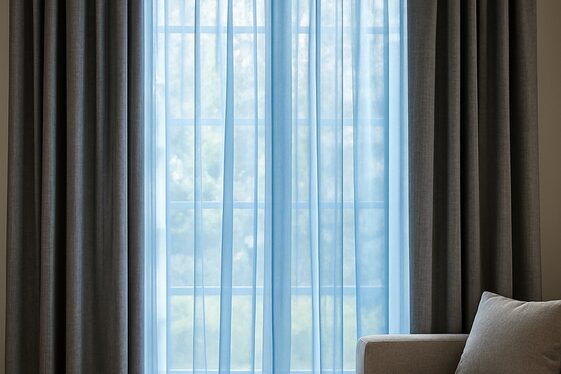 Utilizing Blue and Grey Window Treatments to Soften the Room illustration