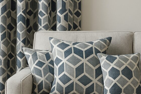Integrating Blue and Grey Patterns in Curtains and Cushions illustration