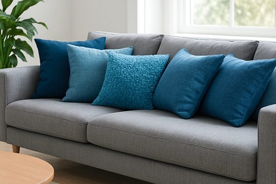 Modern Grey Sofas with Blue Throw Pillows for a Pop of Color illustration