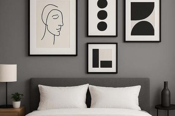Midtone Gray Walls with Minimalist Art Displays illustration