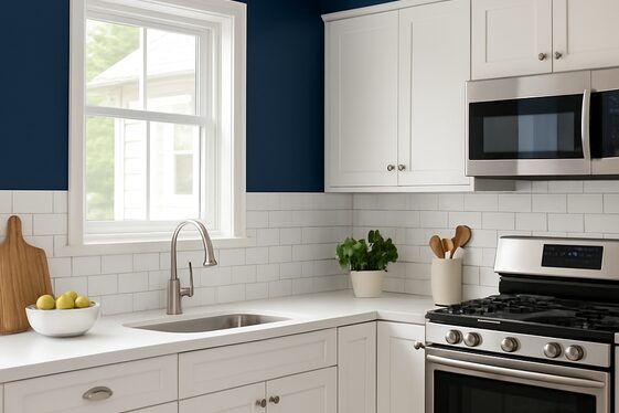 Combine Dark Blue Walls with White Countertops for Contrast illustration
