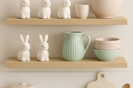 Miniature Bunny Figurines on Open Shelves illustration