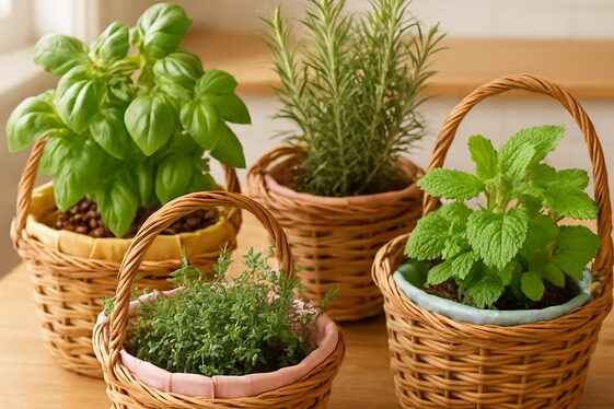 Fresh Herb Pots in Easter Baskets illustration