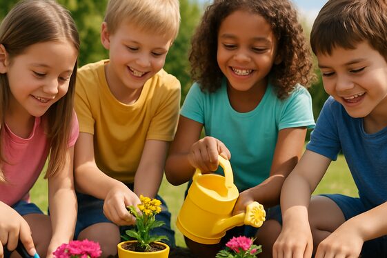 Gardening Activity with Planting Mini Potted Flowers illustration