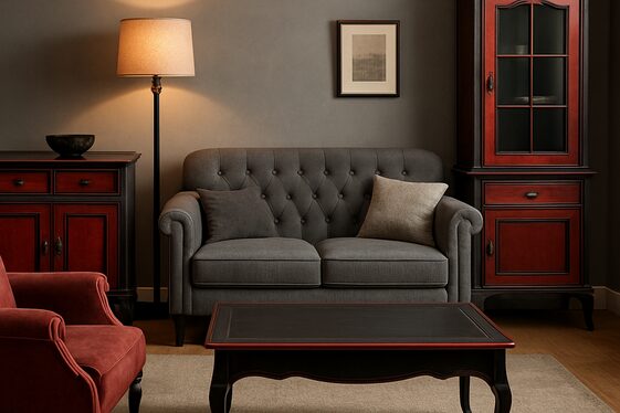 Vintage Pieces in Black and Red to Warm Up Grey Living Rooms illustration
