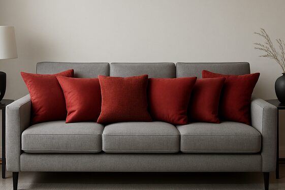 Using Red Throw Pillows to Add Energy to Grey and Black Settings illustration