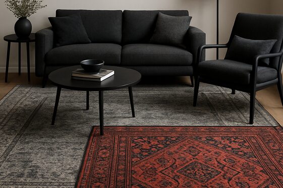 Layering Rugs for a Cozy Grey, Black, and Red Living Area illustration
