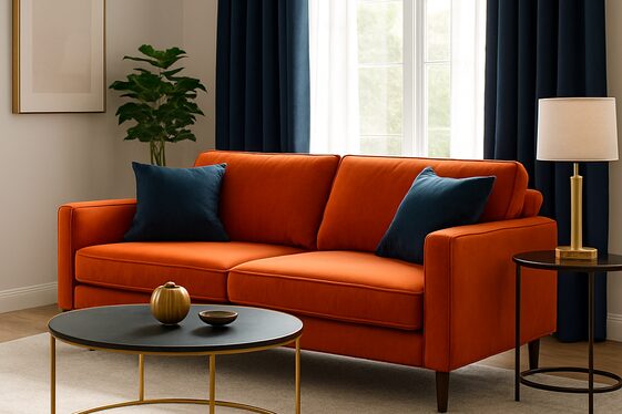 Bold Orange Couch Balanced by Navy Blue Accessories illustration