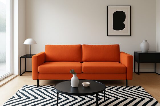 Orange Couch with Black and White Graphic Rug illustration