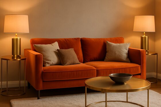 Mixing Orange Couch with Metallic Gold Touches illustration