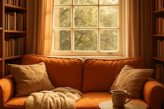 Cozy Orange Couch Nook by a Window Seat illustration