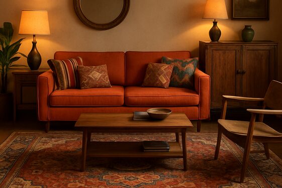 Orange Couch on a Patterned Vintage Carpet illustration
