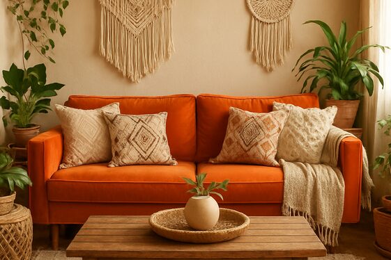 Boho Chic Living Room with an Orange Couch illustration
