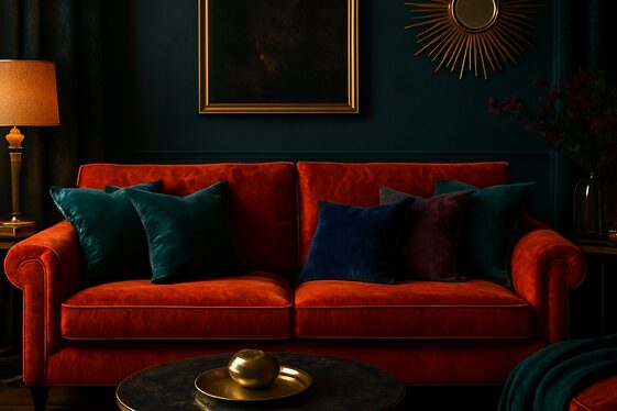 Velvet Orange Couch Paired with Jewel Tones illustration