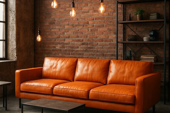 Orange Leather Couch with Industrial Accents illustration