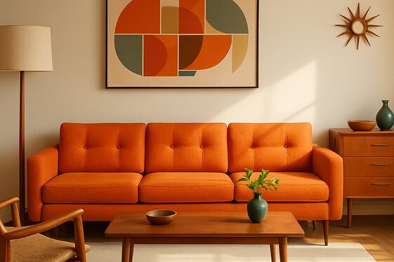 Mid-Century Modern Living Room with an Orange Couch illustration