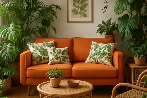 Orange Couch with Botanical Prints and Greenery illustration