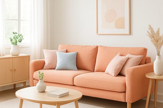 Pastel Orange Couch with Light Wood Decor illustration