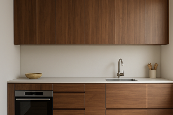 Warm wood tones paired with sleek minimalist cabinets illustration