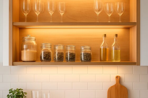Open shelving with integrated wooden lighting illustration