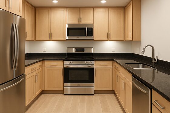 Light wood floors complementing dark countertops illustration