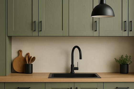 Matte finish wooden cabinets in muted colors illustration
