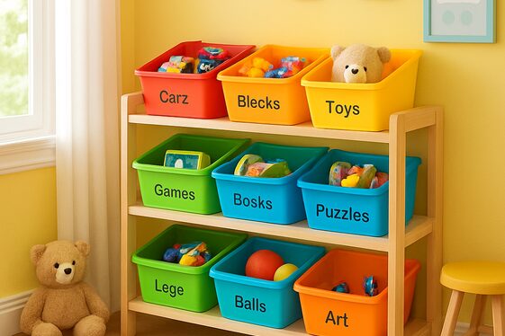 Colorful Bins with Labels for Toy Sorting illustration