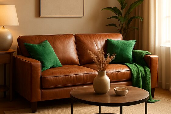 Using Brown Leather Sofas with Green Accents for a Luxurious Feel illustration