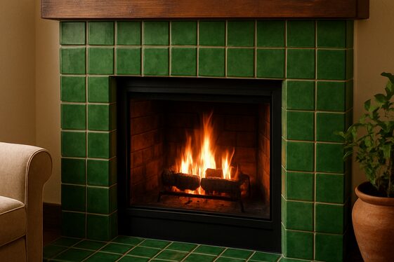 Highlighting Fireplace Surroundings with Green Tiles and Brown Mantel illustration