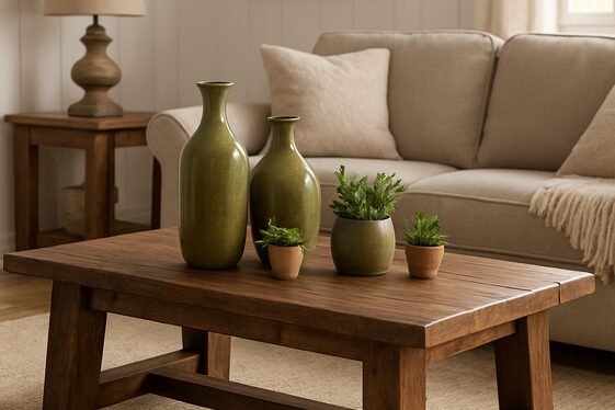 Selecting Rustic Brown Coffee Tables with Olive Green Accessories illustration