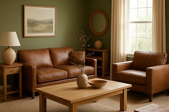 Mixing Olive Green Walls with Rich Brown Furnishings illustration