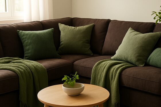 Using Green Throws and Pillows on Dark Brown Sectionals illustration