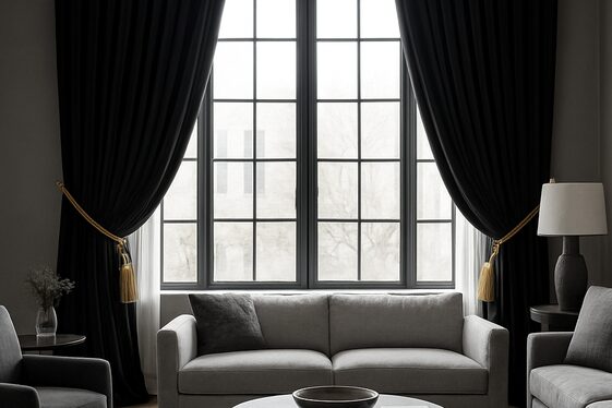 Using Black Curtains with Gold Tiebacks for Drama illustration