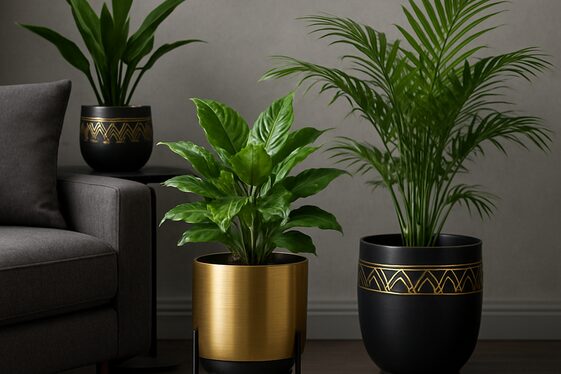 Adding Greenery with Black and Gold Planters in a Grey Space illustration