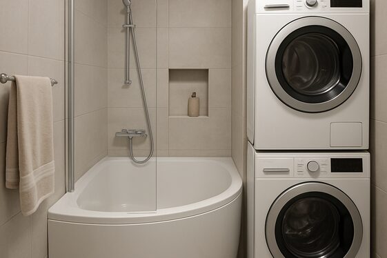 Corner Bathtub with Adjacent Laundry Area illustration