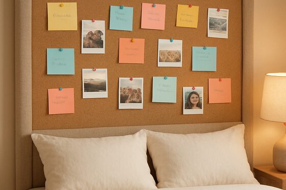 Fabric-Covered Corkboard Headboard for Pinning Memories illustration