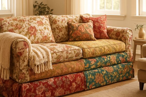 Layer floral patterns in upholstery and throws for depth illustration