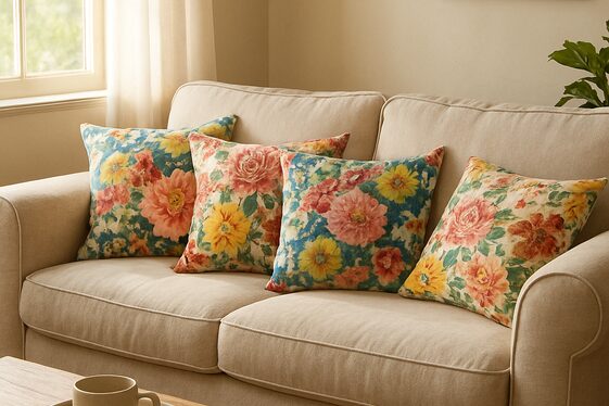 Incorporate floral throw pillows for a cozy vibe illustration