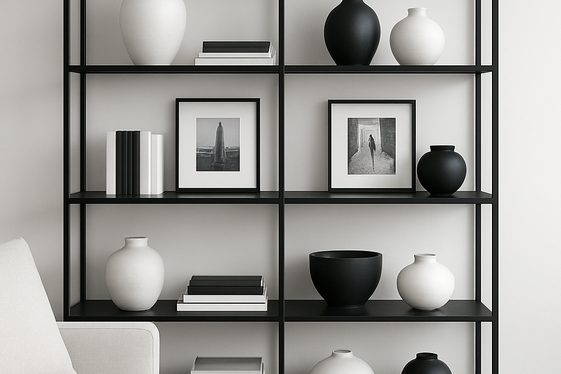 Open Shelving Decor Ideas in Monochrome illustration