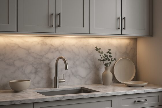 Pairing Viola Marble with Soft Gray Cabinets illustration