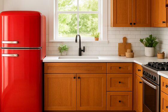 Pair Warm Wood with Bold Colored Appliances illustration