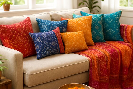 Vibrant Indian Fabrics and Cushions illustration