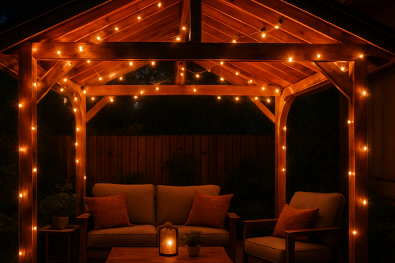 Attached Gable Roof with String Lights for Cozy Evenings illustration
