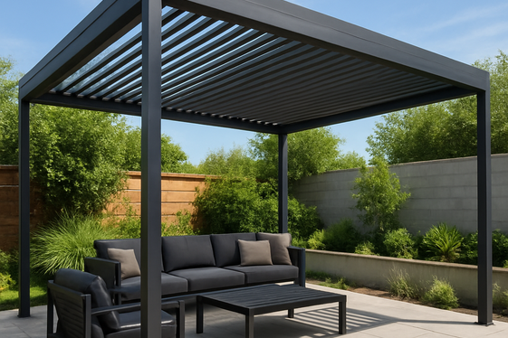 Gable Roof Patio Cover with Adjustable Louvers for Light Control illustration