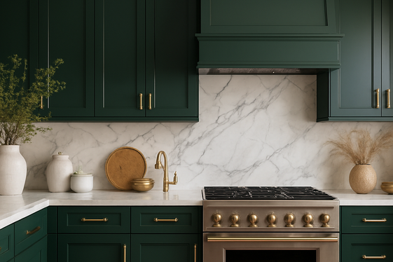 Hunter Green Cabinets with Marble Backsplash illustration
