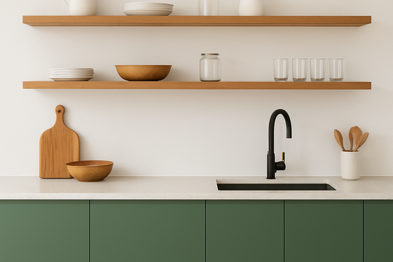 Green Cabinets Under Open Shelves for a Fresh Contrast illustration