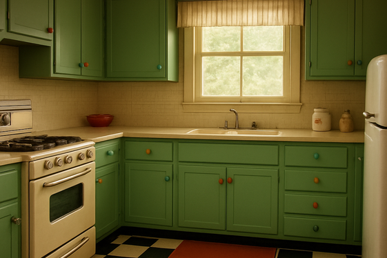 Vintage-Inspired Green Cabinets with Retro Hardware illustration