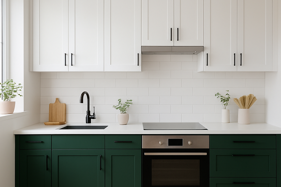 Two-Tone Cabinets: Deep Green Bottoms and White Tops illustration