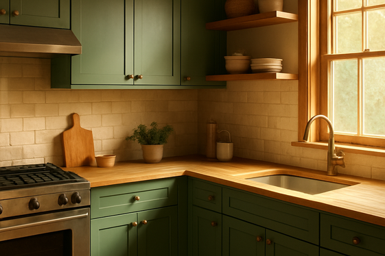 Green Cabinets with Natural Wood Accents illustration
