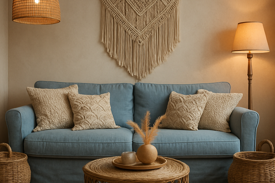 Boho Chic Living Rooms with Soft Blue Couches illustration